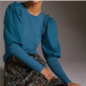 ANTHROPOLOGIE SUNDAY IN BROOKLYN RUFFLED PUFF SLEEVE CONTRAST TOP